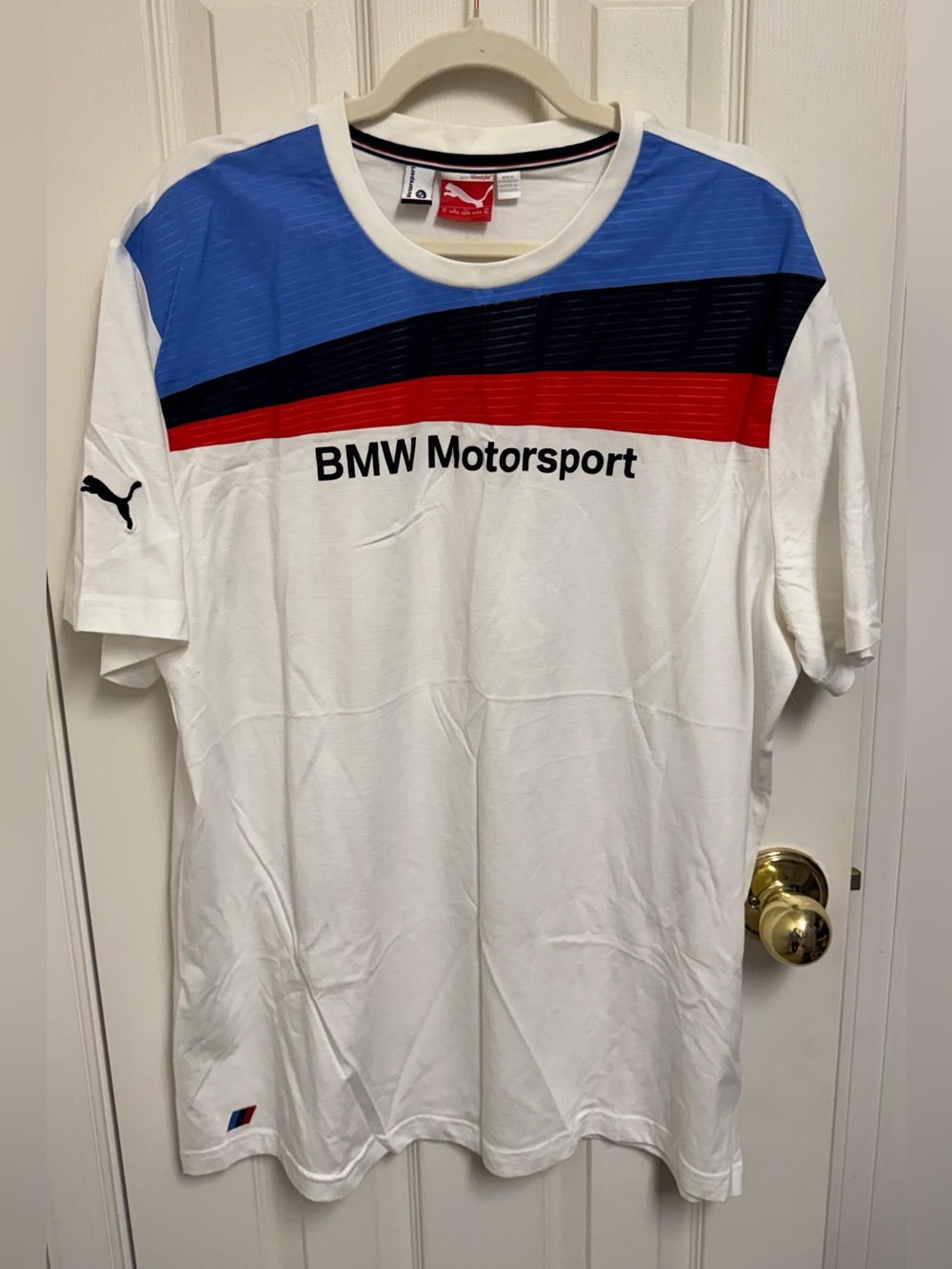 Puma BMW Motorsport White Tee with Blue & Red Chest Stripes